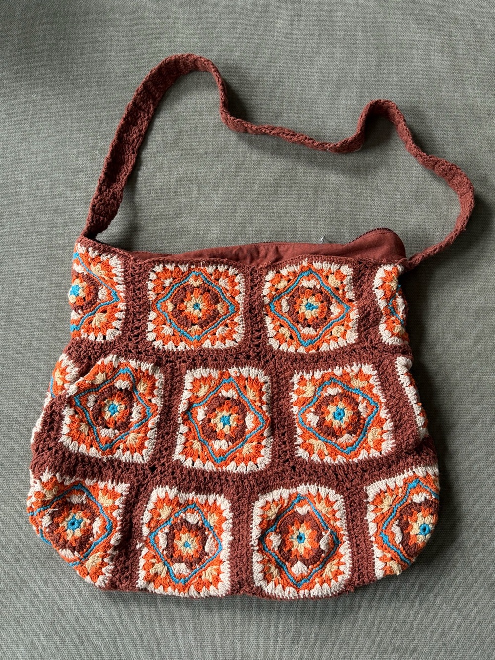 Free People Catch Me Crochet Granny Squares Brown‎ Hobo Bag